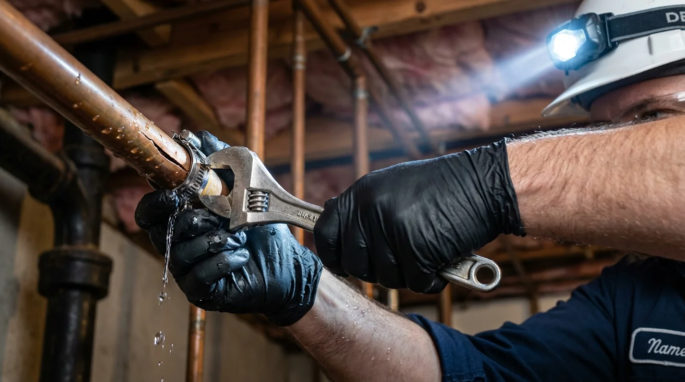 Emergency pipe clamp repair being performed by a Johns Plumbing LLC plumber in Prentiss