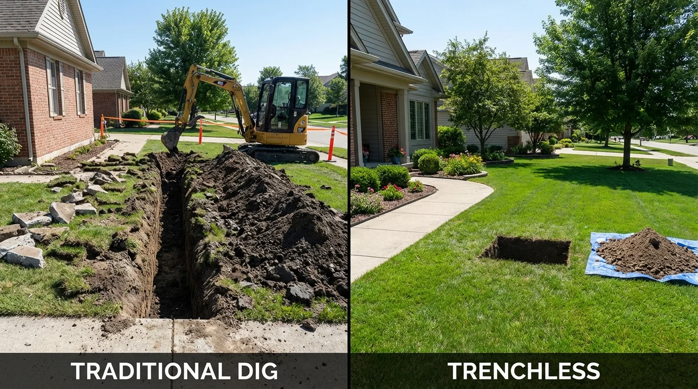 Trenchless sewer repair with minimal yard damage versus traditional excavation in Prentiss, MS