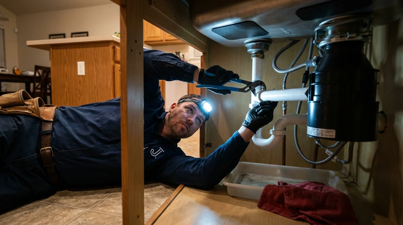 P-trap and supply line connections under a kitchen sink showing a common leak point in Prentiss, MS